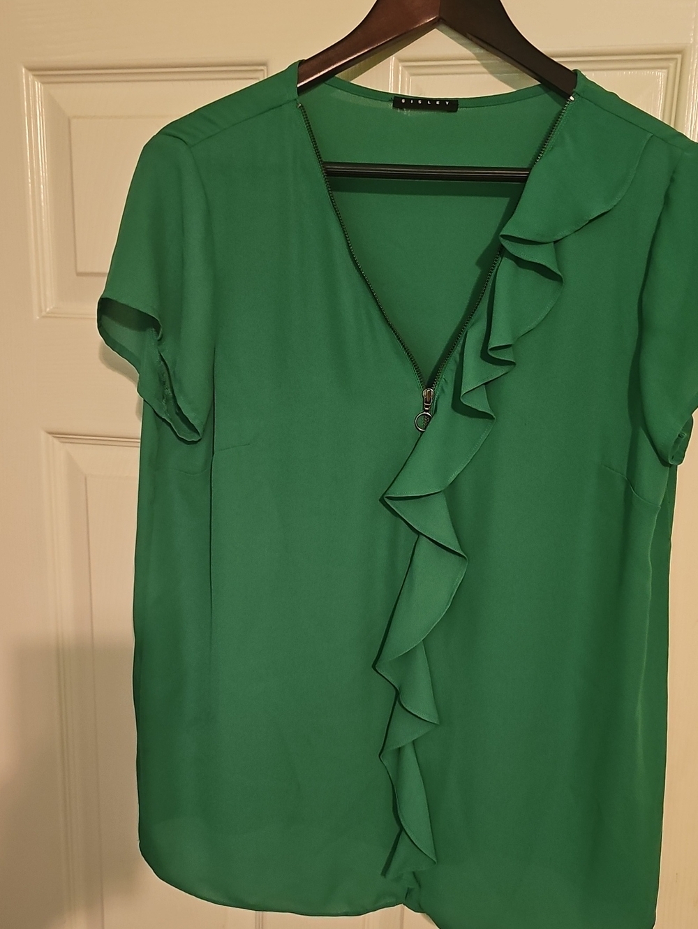 Sisley Emerald Green Ruffle Zip-Front Blouse